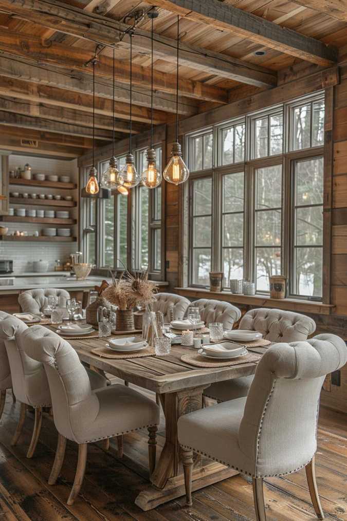 Rustic barn wood dining table surrounded by upholstered chairs under vintage pendant lights creating a cozy and inviting atmosphere