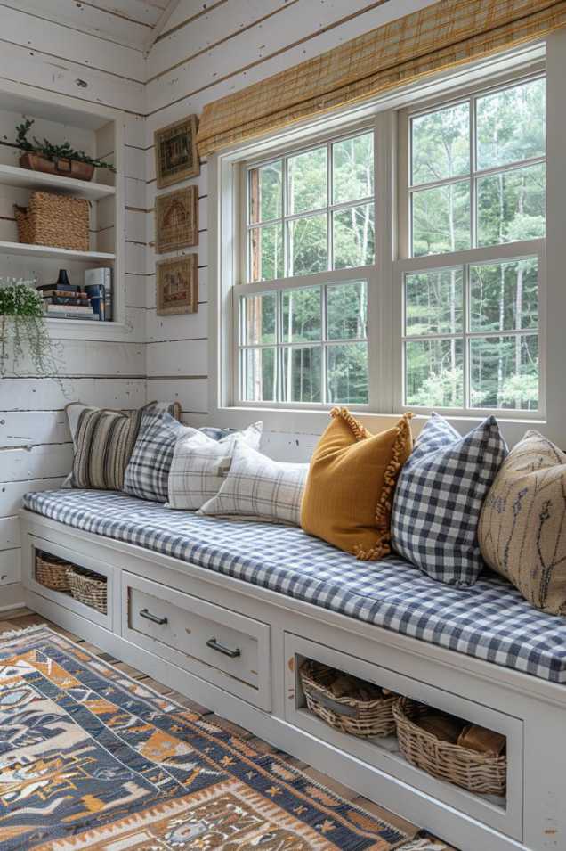 With a rustic aesthetic, the whitewashed shiplap walls set the stage for traditional farmhouse accents with charming gingham motifs and vibrant foliage for a pop of color.