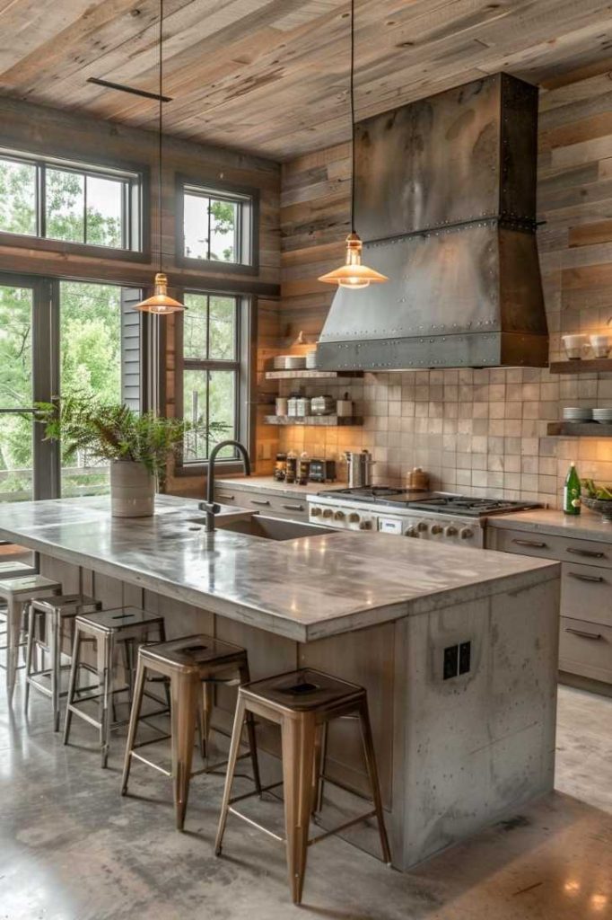 Sleek metal bar stools complement a polished concrete kitchen island, combining modern design with vintage charm in a barndominium-style space.