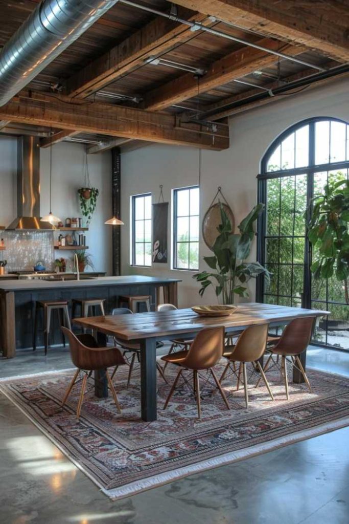 Exposed beams and plumbing mix with chic industrial-style furniture, making this barndominium both trendy and functional