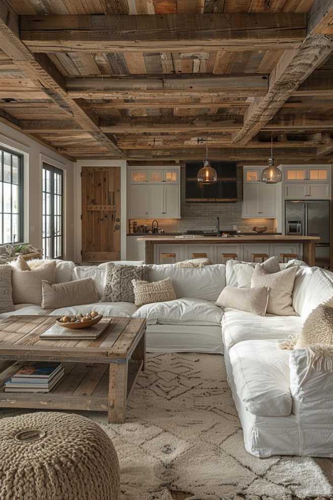 Plush, oversized sofas dominate the living space, complemented by a wooden barn door and coffee table that enhance the room's casual farmhouse feel.