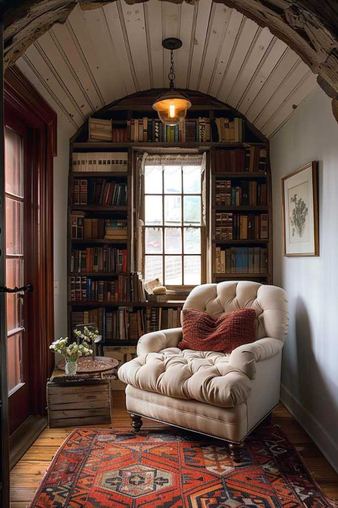 Tucked away in a sunlit alcove, a comfortable armchair creates an idyllic spot for leisurely reading alongside a collection of repurposed vintage boxes that serve as bookshelves.