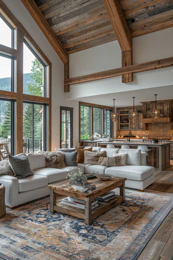 High ceiling beams reminiscent of an alpine hut tower above, while cozy furnishings convey a feeling of mountain escape.