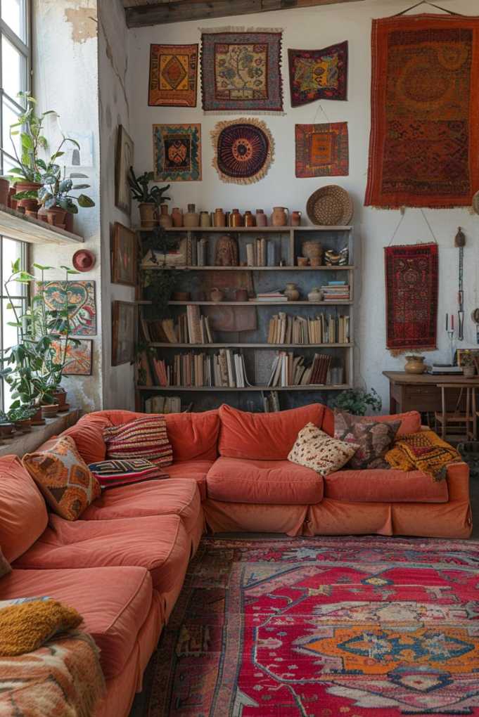 Enter the open-plan living space and be greeted by a vibrant tapestry of colors and patterns, while vibrant textiles and bohemian tapestries create a dynamic and <a href=