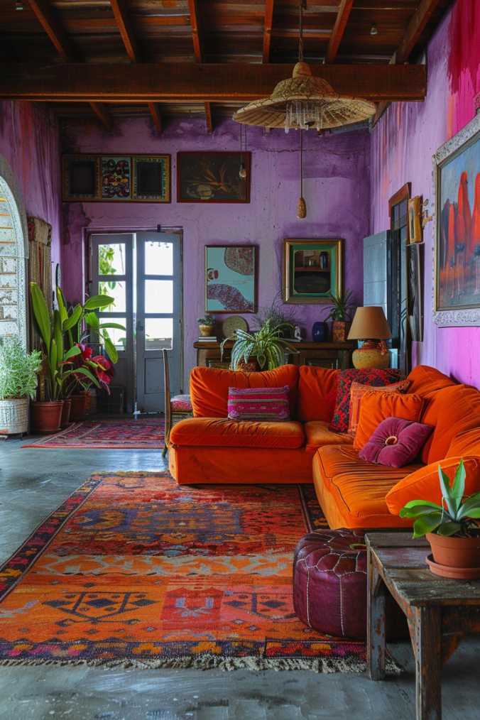 Bright pops of color and an eclectic mix of textures and patterns bring a vibrant energy to this barndominium's enclosed living space.