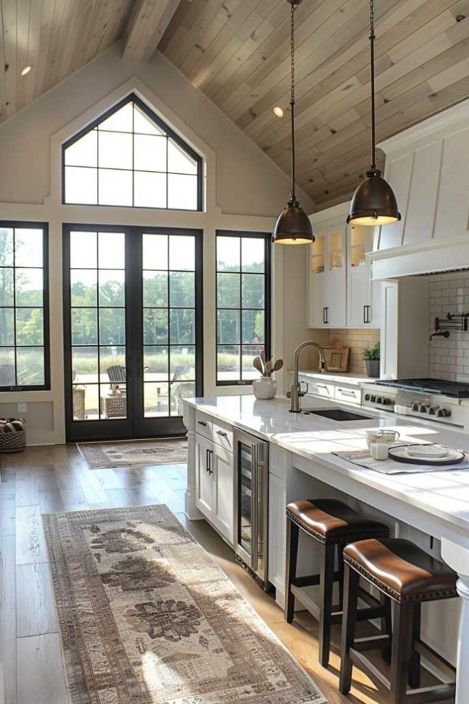 Combining wooden ceilings with state-of-the-art, elegant appliances creates a captivating blend of farmhouse charm and contemporary comfort, where the warmth of traditional design meets the efficiency of modern technology in a harmonious juxtaposition.