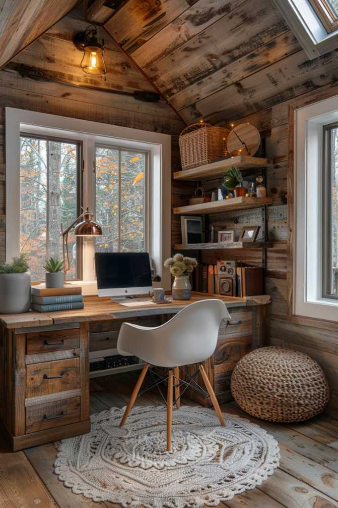 A charming barnwood desk paired with a whimsical and modern chair creates a stylish and functional barndominium workspace, offering a delightful mix of whimsy and practicality for a truly unique and inviting workspace.