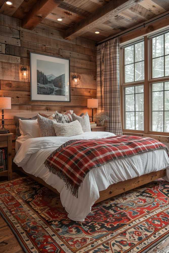 Muted earth tones and checked accents evoke the calming spirit of the interior in a spacious, beautifully designed bedroom.