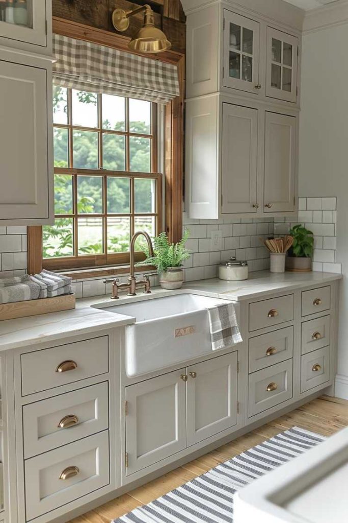 Nostalgic elements, like a classic farmhouse sink and gingham curtains, are a quaint nod to rustic heritage while providing a fresh, modern look.