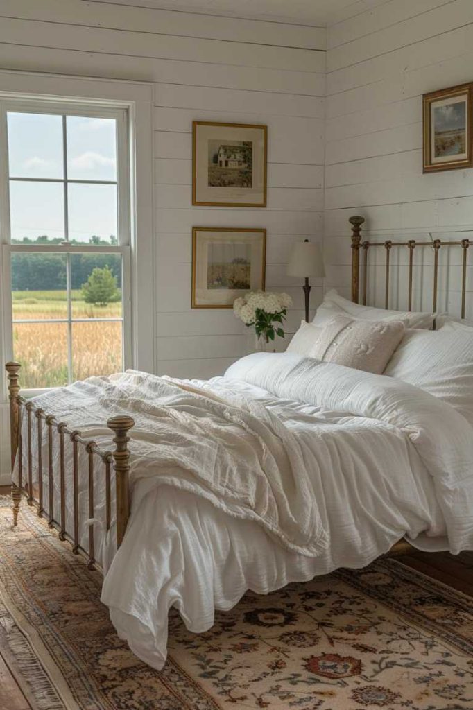 Falling asleep in the Barndominium bedroom is a peaceful experience. Crisp white linens adorn a vintage iron bed frame, providing an inviting and peaceful retreat within the enchanting confines of the room.