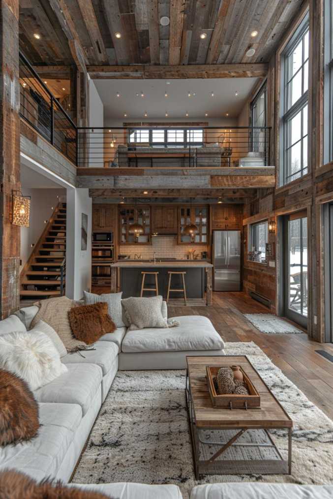 The functional design of a barndominium includes a chic loft space with an array of textures and cozy details for an upscale living experience.