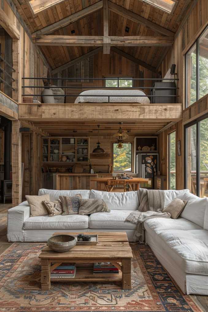 The Barndominium's design celebrates its inherent connection to nature and the environment through the prominent use of organic materials and the rich warmth of <a href=