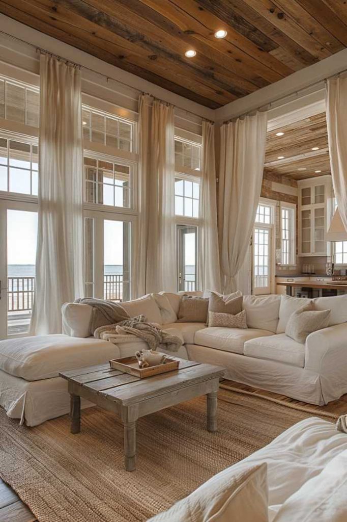 The barndominium's expansive, open floor plan is enhanced by the presence of elegant, flowing drapes that move gently, drawing attention to the high ceilings and giving the space an ethereal sense of openness and grace.