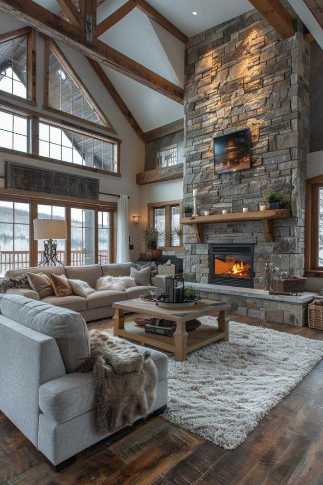 A large stone fireplace provides a cozy corner for gatherings, the fire pit is packed with fireplace accessories that combine function and elegance.