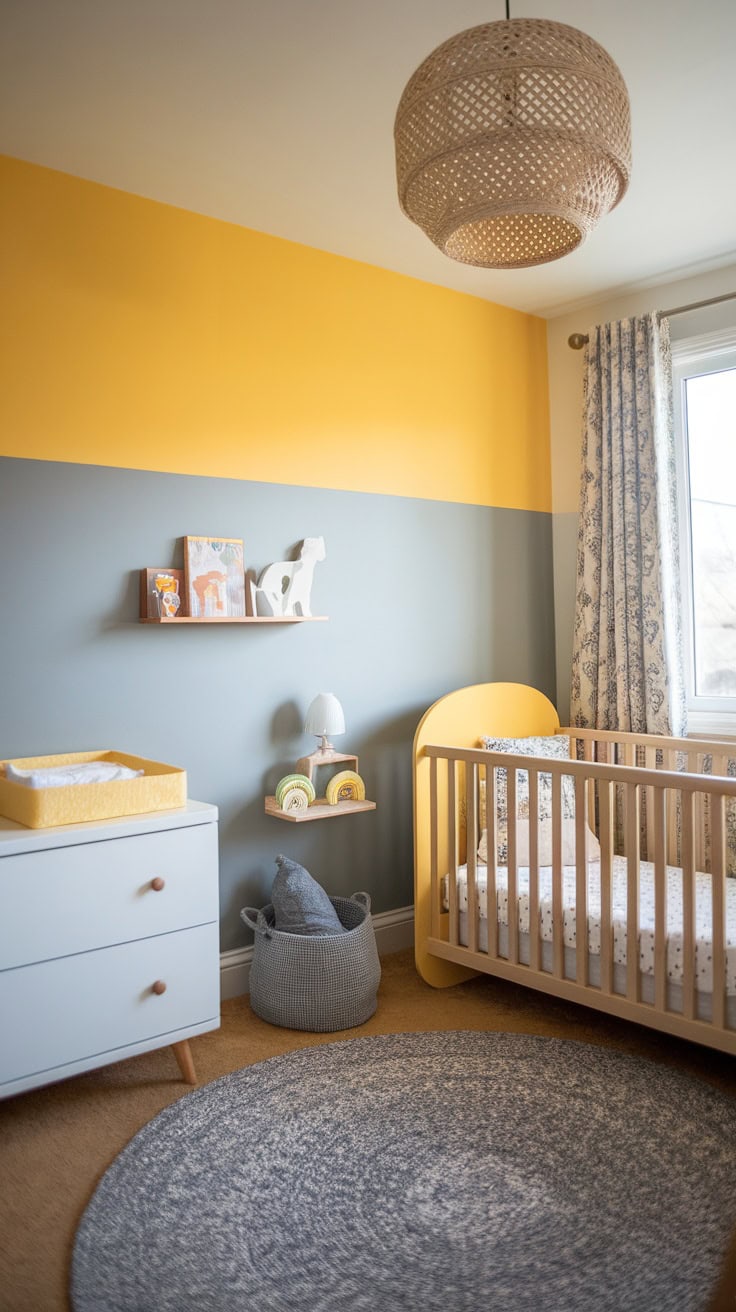 A children's room with two-tone walls in yellow and gray, equipped with a cot and decorative items.