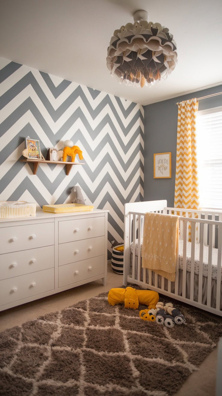 A child's room with yellow and gray patterns, chevron walls and decorative items.