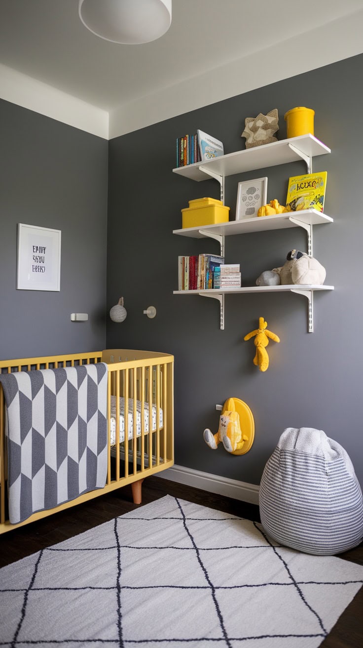 A Scandinavian minimalism nursery with yellow and gray decor, a crib, a textured blanket, and playful wall art.