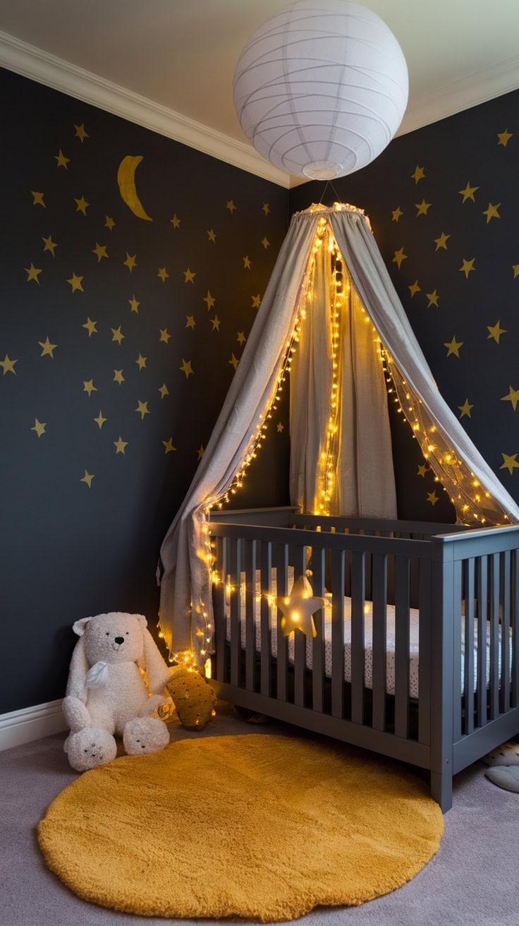 A cozy children's room with gray walls, yellow star decorations and a cot surrounded by fairy lights.