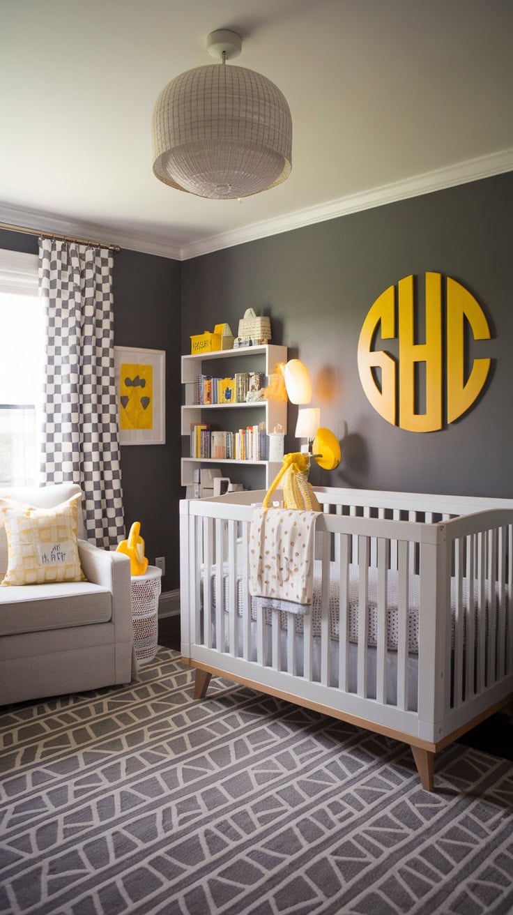 A stylish yellow and gray children's room with a monogram on the wall, a cot and soft furniture.