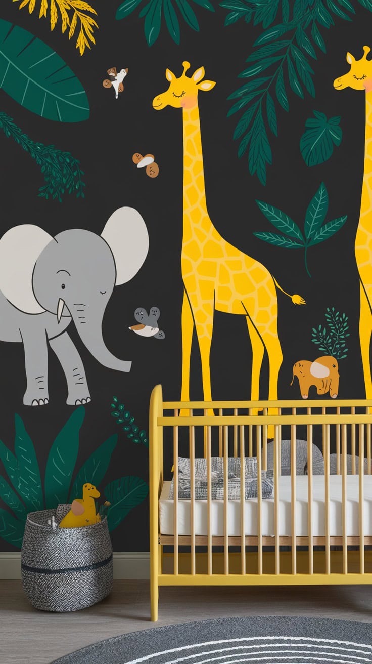 Nursery with safari-style wall art featuring elephants and giraffes, a yellow crib and gray accents.