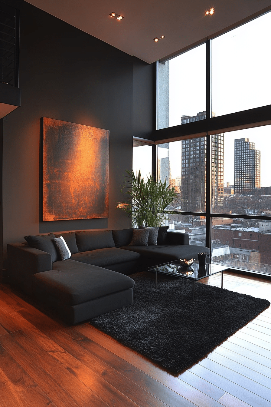 Living room with black couch