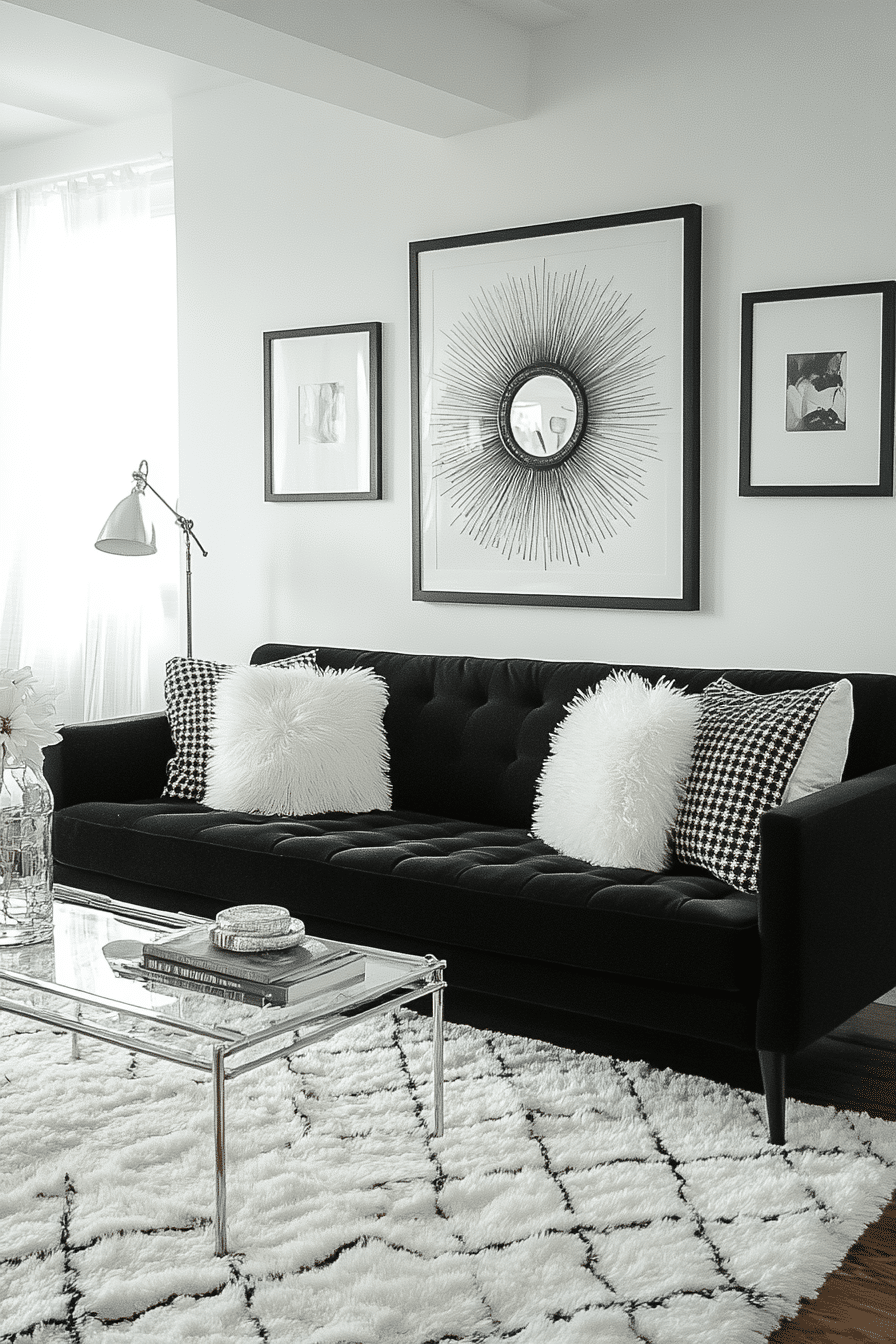 Living room with black couch