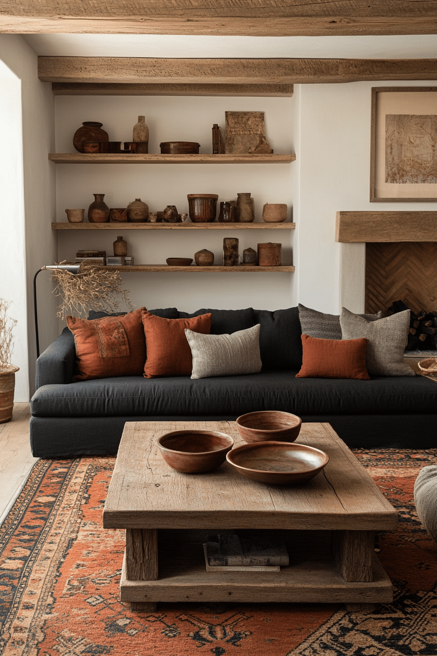 Living room with black couch