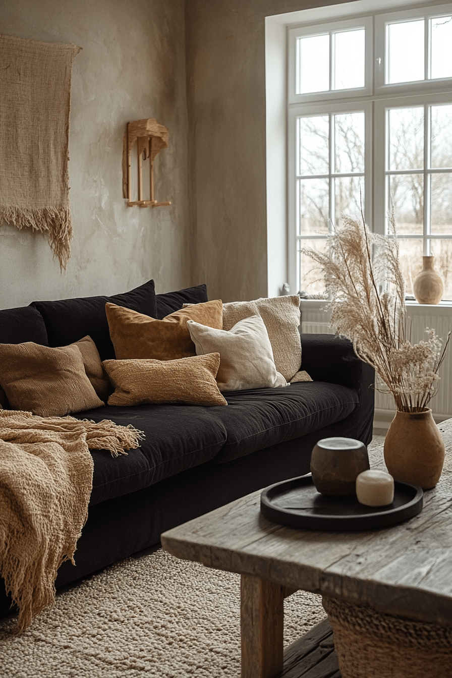 Living room with black couch