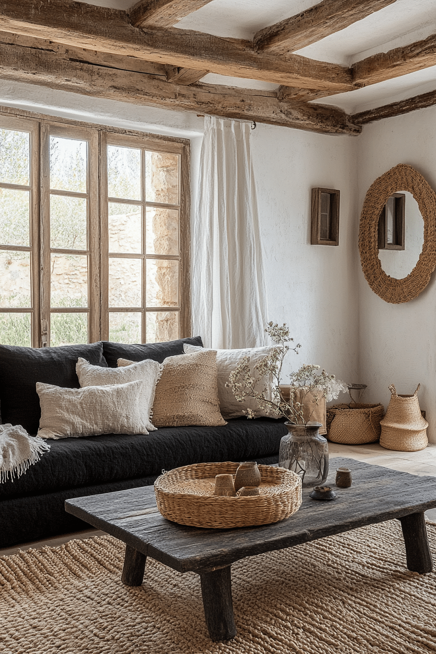 Living room with black couch