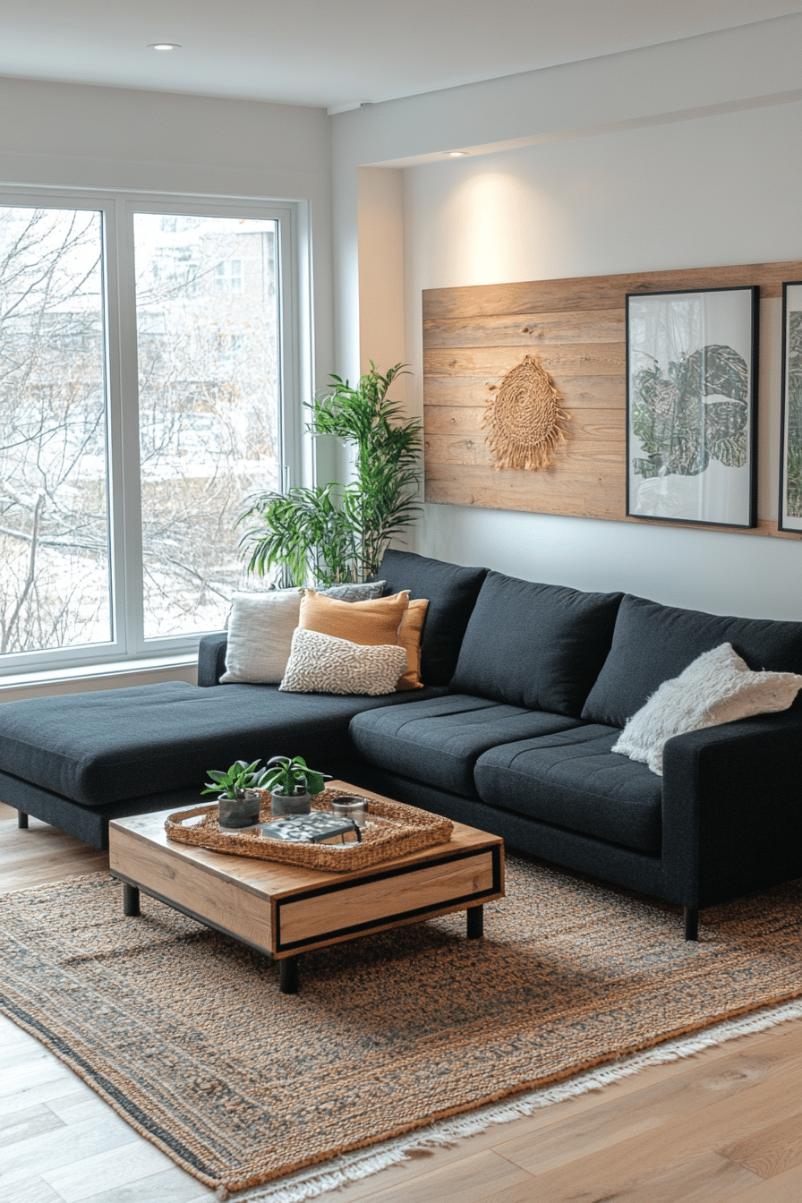 Living room with black couch