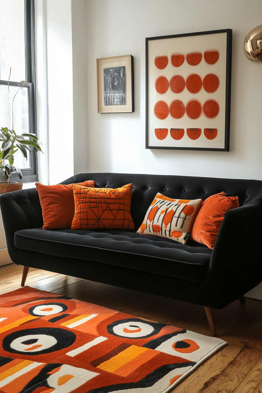 Living room with black couch