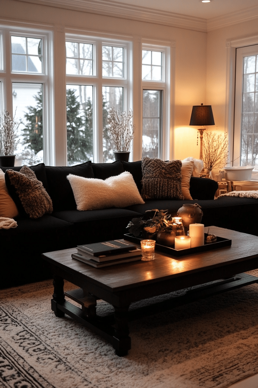 Living room with black couch