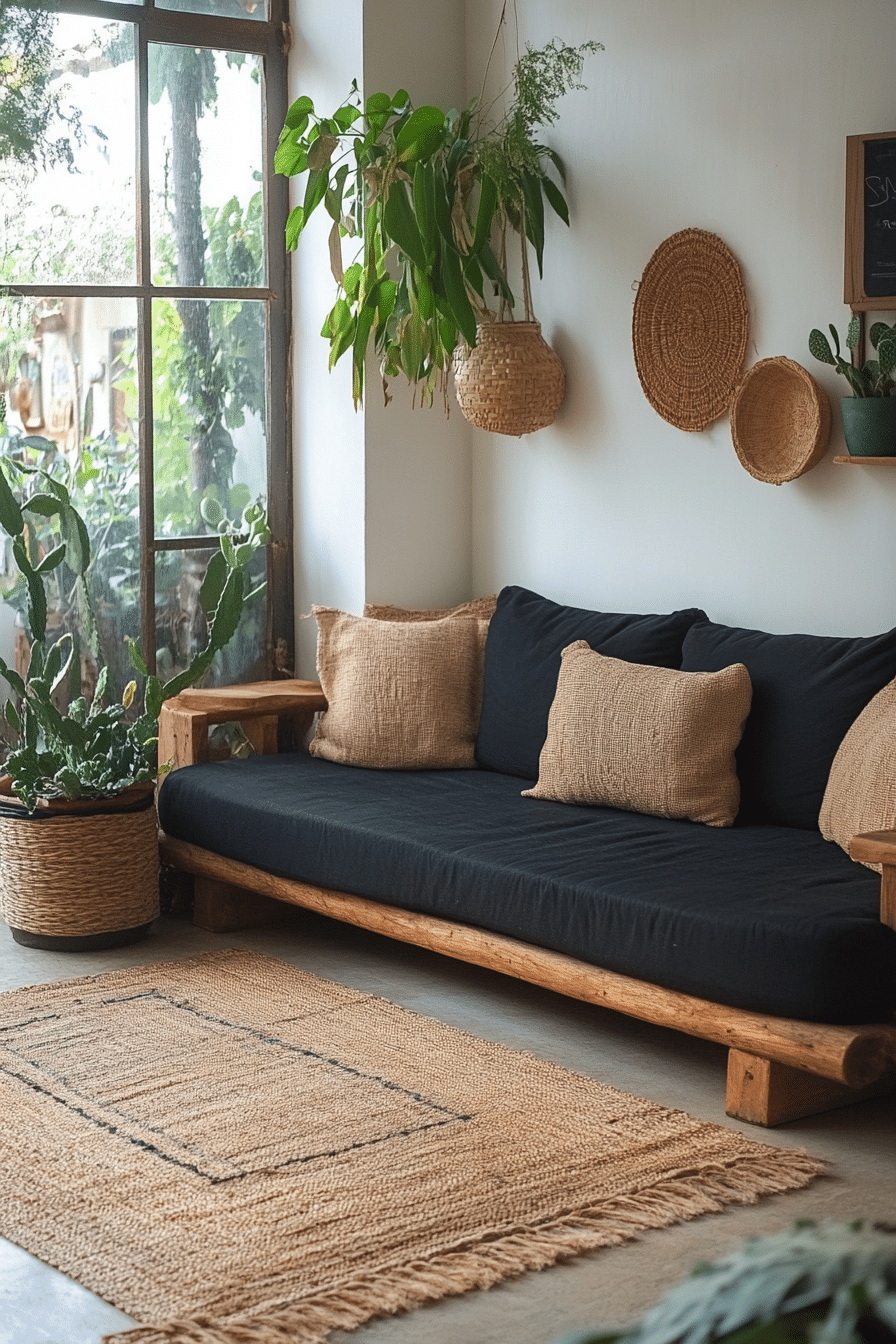 Living room with black couch