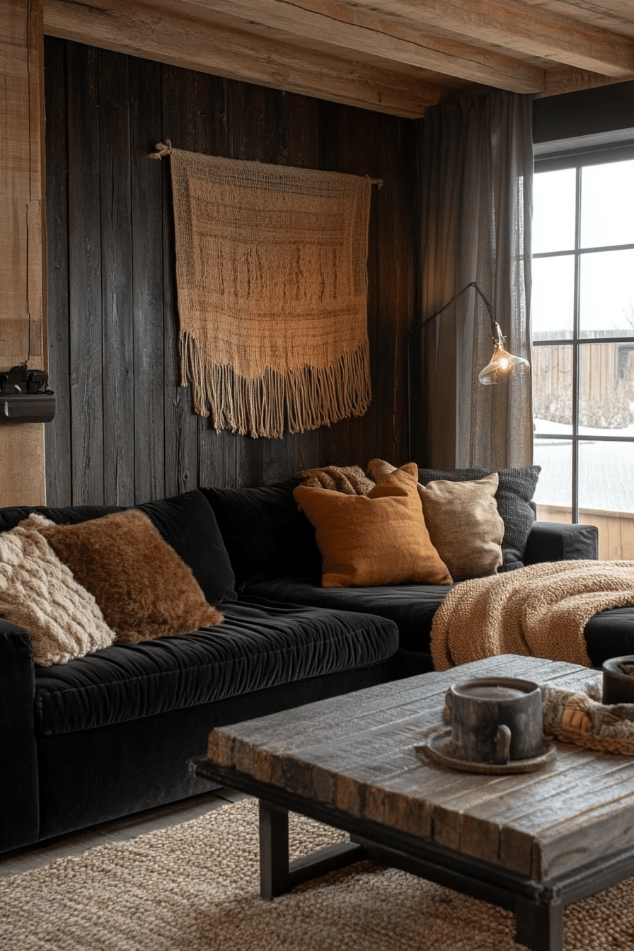 Living room with black couch