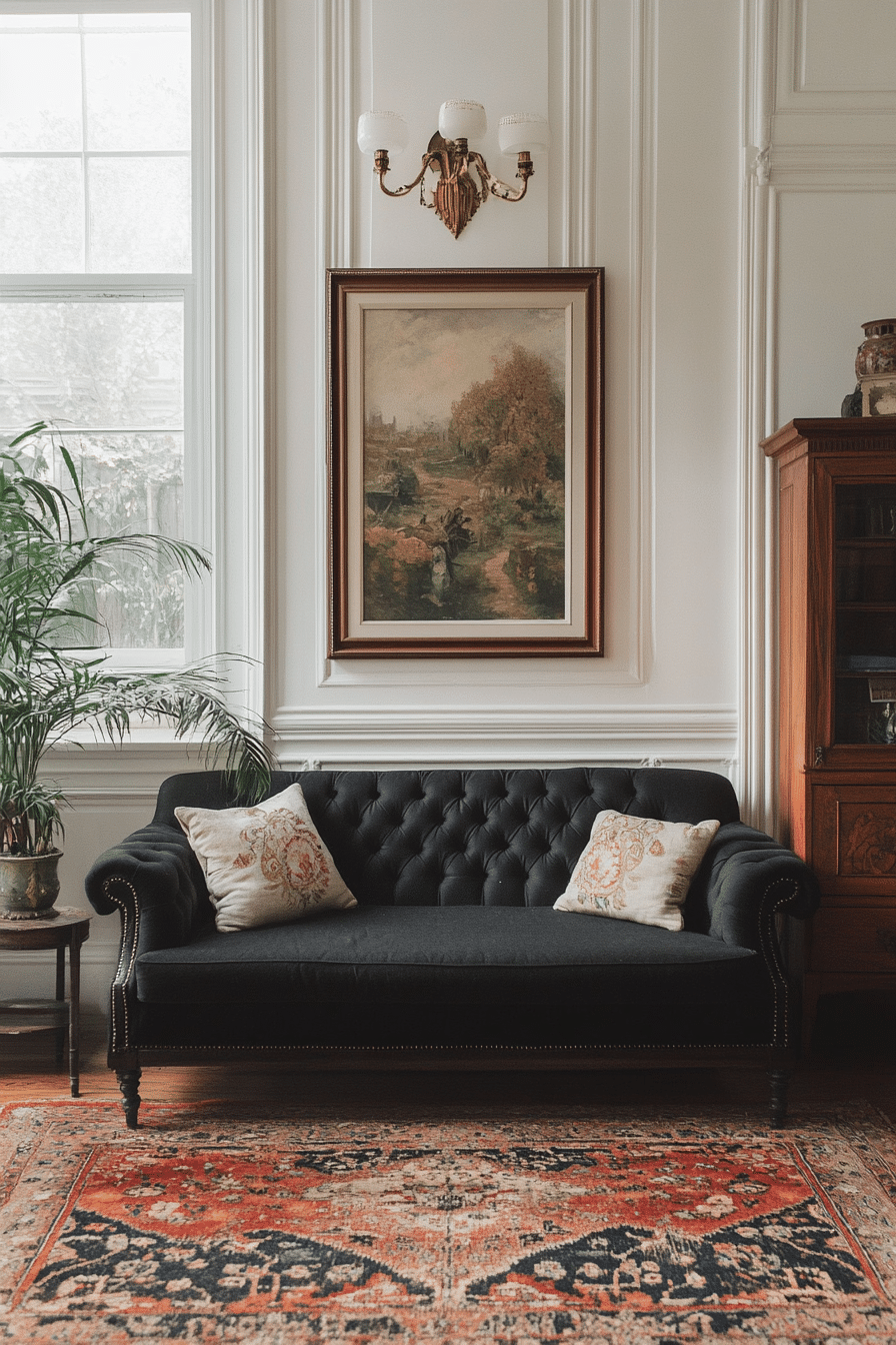 Living room with black couch