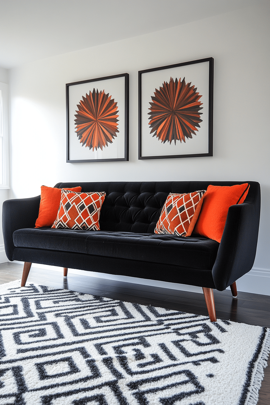 Living room with black couch