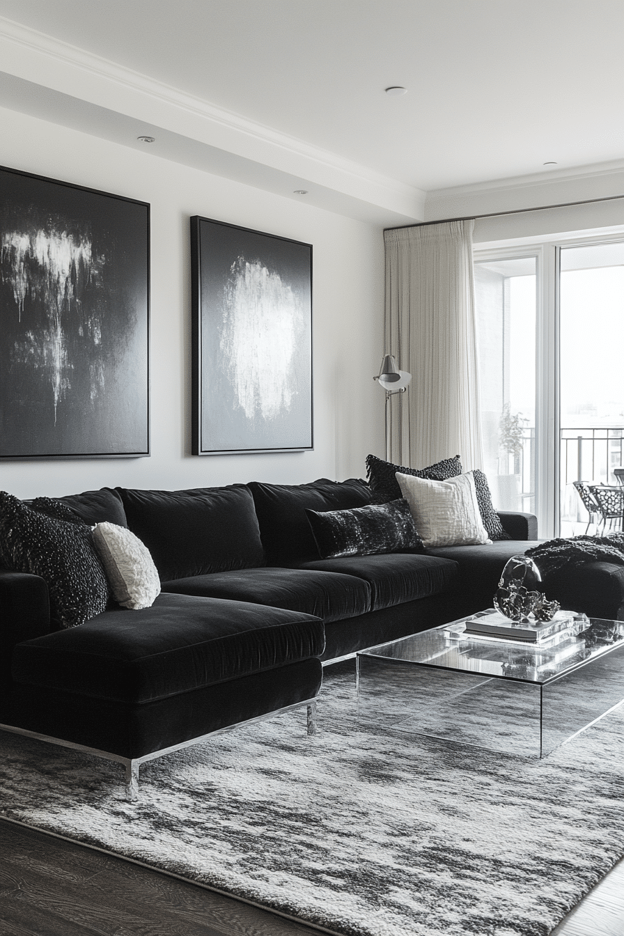 Living room with black couch