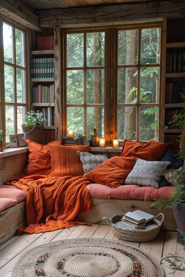 A cozy reading nook with a window seat, orange pillows and blankets, surrounded by bookshelves, lit candles and a view of a forest.