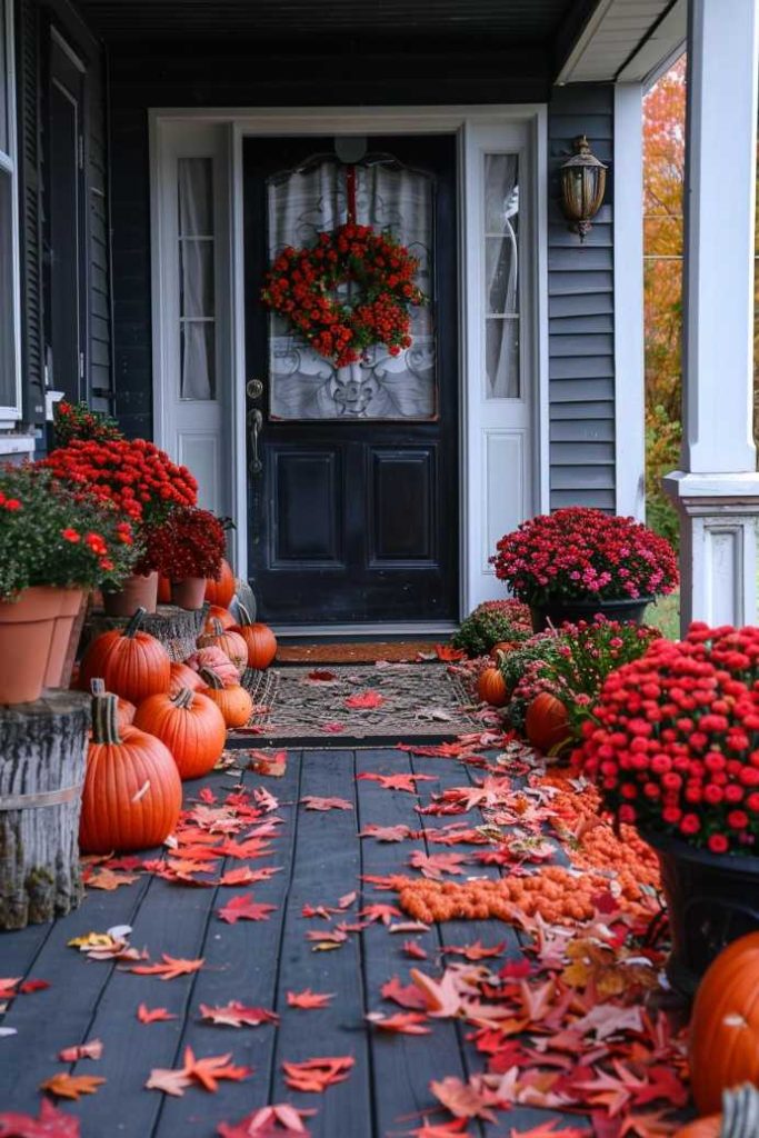 A fall decorated porch with pumpkins, potted plants with red flowers and fallen leaves on the wooden floor leading to a door with a wreath.