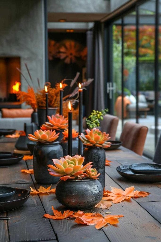 A dining table is decorated with black vases, orange succulents, lit black candles and scattered orange leaves; A fireplace can be seen in the background.