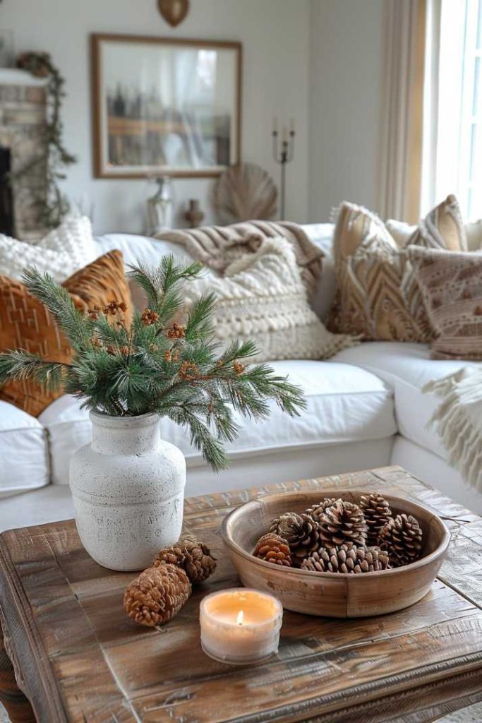 A cozy living room with a white sofa with patterned pillows, a <a href=