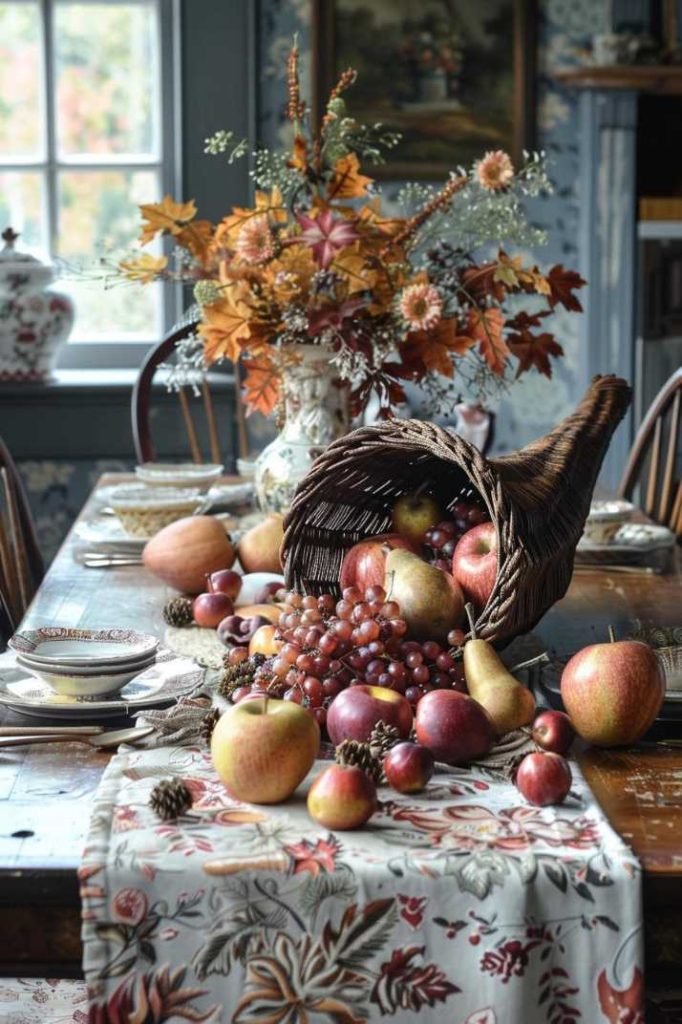 A dining table is decorated for autumn with an overflowing cornucopia of fruit, surrounded by plates and floral arrangements. A window with soft light illuminates the surroundings.