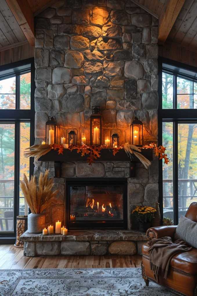 A stone fireplace with lit candles, lanterns and fall decorations in a cozy room with large windows that reveal colorful fall foliage.