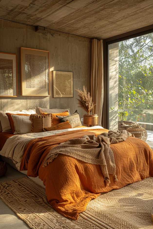 A cozy bedroom with a large bed with rust-colored linens and throw blankets, framed wall art, wicker baskets and a floor-to-ceiling window letting in natural light.