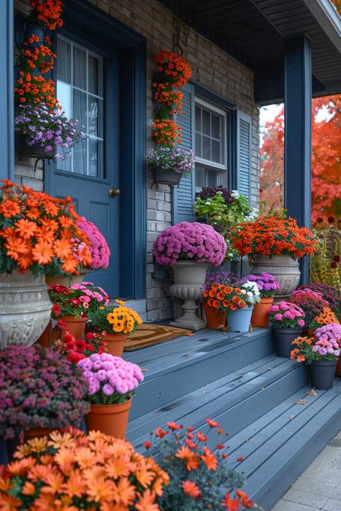 A porch with blue steps is decorated with numerous colorful flower pots with orange, purple, pink and red flowers, including chrysanthemums and daisies.