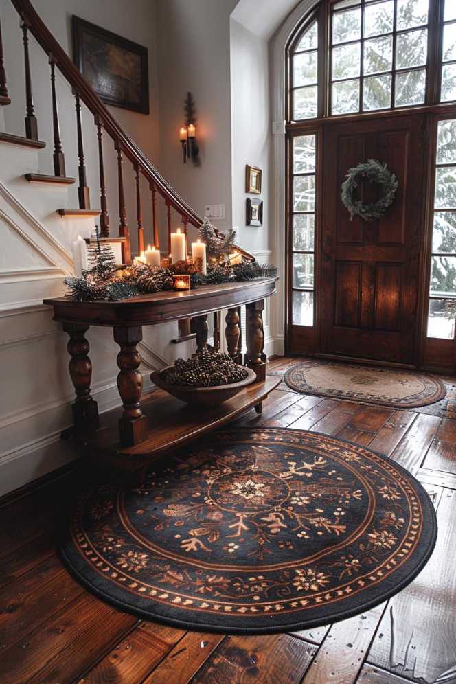 A cozy foyer with a wooden staircase, a decorated table with candles and green plants, a round floral carpet and a <a href=