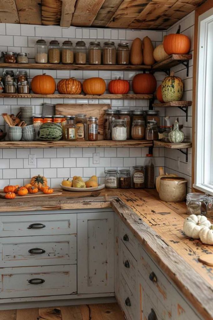 A rustic kitchen nook with wooden countertops, shelves of jars and pumpkins, and a white subway tile backsplash. Various spices, jars and vegetable displays create an organized and cozy atmosphere.