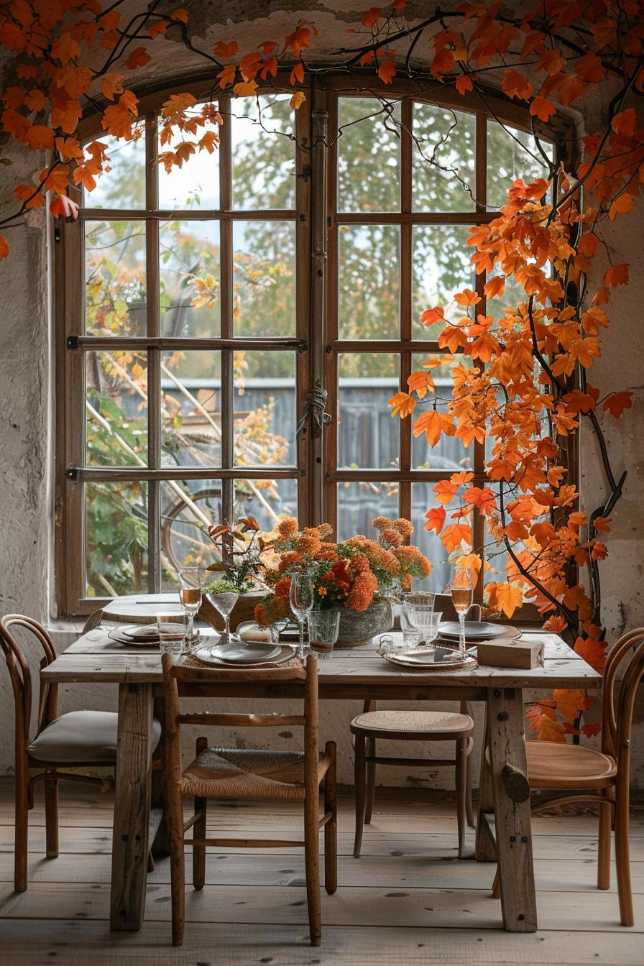 A rustic dining table set for a meal sits next to large windows with orange fall leaves hanging through them. Two wooden chairs on the left and two on the right surround the table with a floral centerpiece.