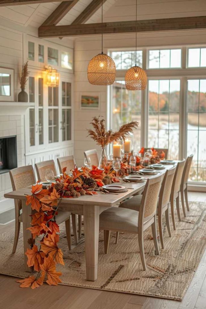 A dining table is set with fall decorations, including a garland of fall leaves, pine cones and candles, in a bright room with large windows and hanging lamps.