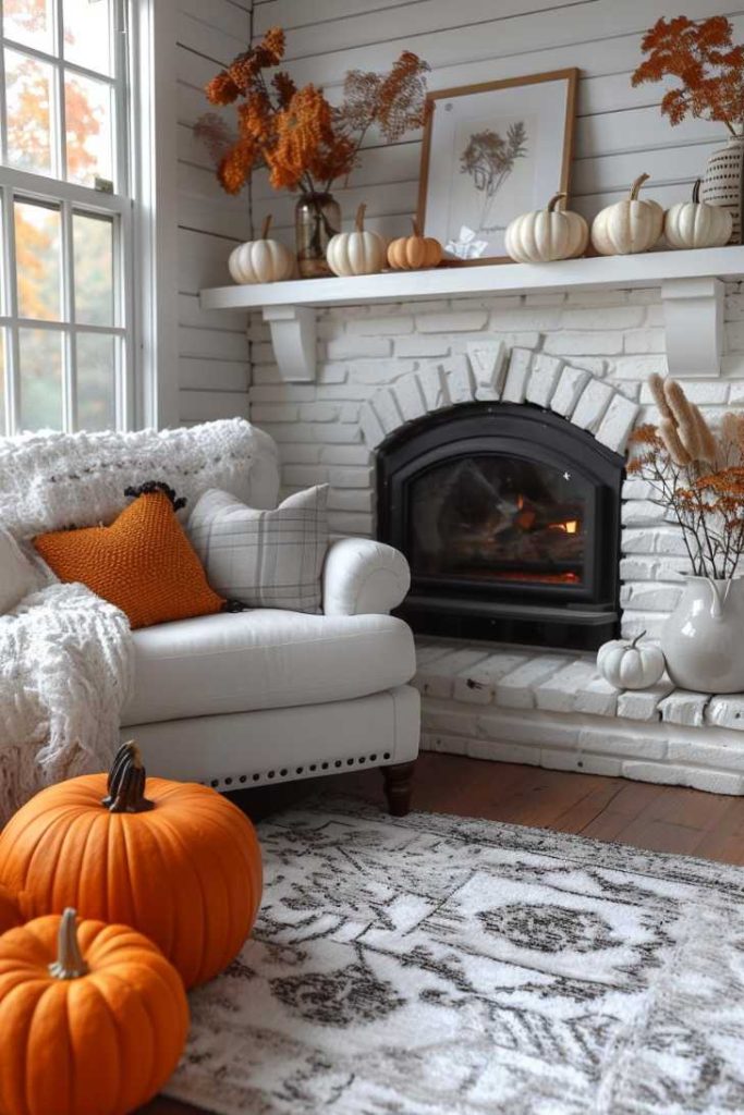 A cozy living room corner with a white brick fireplace with a burning fire accented with various pumpkins and fall decorations. Next to it is a white armchair with orange and white cushions.